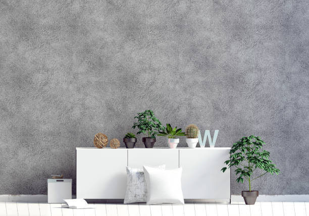 istock Modern interior with rack, plant and pillow. Wall mock up. 3d illustration 911090434