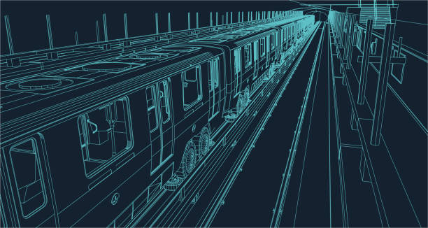 train in a metro station line drawing illustration in wire frame style train vehicle stock illustrations