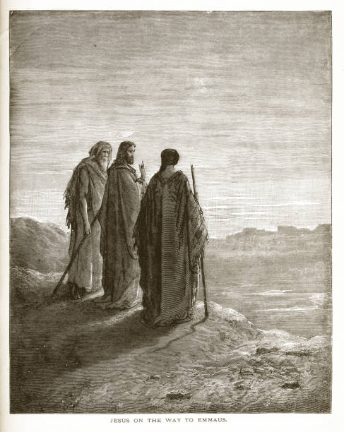 Jesus on the Way to Emmaus Engraving Engraved illustration of Jesus on the Way to Emmaus Engraving from The Popular Pictorial Bible, Containing the Old and New Testaments, Published in 1862. Copyright has expired on this artwork. Digitally restored. ancient christianity stock illustrations