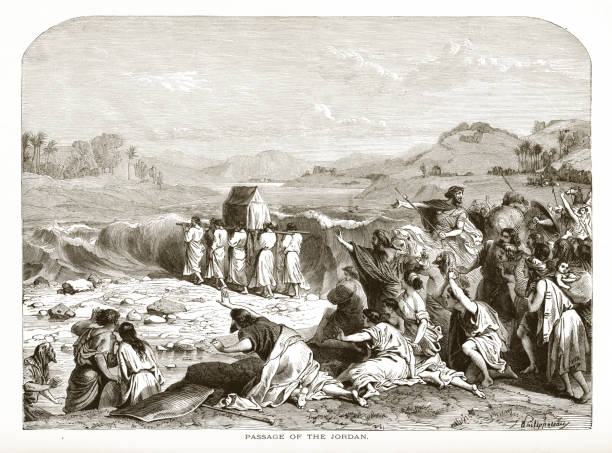 Rare and beautifully executed Engraved illustration of Pasage of the Jordan Biblical Engraving from The Popular Pictorial Bible, Containing the Old and New Testaments, Published in 1862. Copyright has expired on this artwork. Digitally restored.