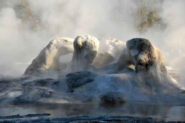 The Gratto blows off steam during the winter in Yellowstone National Park