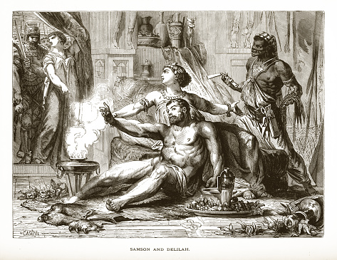 Rare and beautifully executed Engraved illustration of Samson and Delilah Biblical Engraving from The Popular Pictorial Bible, Containing the Old and New Testaments, Published in 1862. Copyright has expired on this artwork. Digitally restored.
