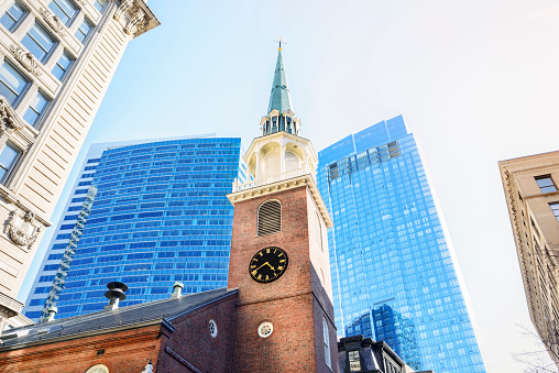 Old South Meeting House. Built in 1729 as a Puritan meeting house. Museum and historic site, at the corner of Milk and Washington Streets in the Downtown Crossing area of Boston, Massachusetts, USA.