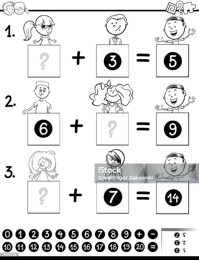 addition educational game coloring page with kids Black and White Cartoon Illustration of Educational Mathematical Addition Puzzle Game for Preschool and Elementary Age Children with Boys and Girls Characters Coloring Book Child stock vector