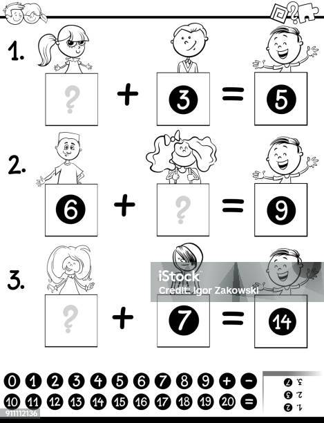 Addition Educational Game Coloring Page With Kids Stock Illustration - Download Image Now - Child, Education, Plus Sign