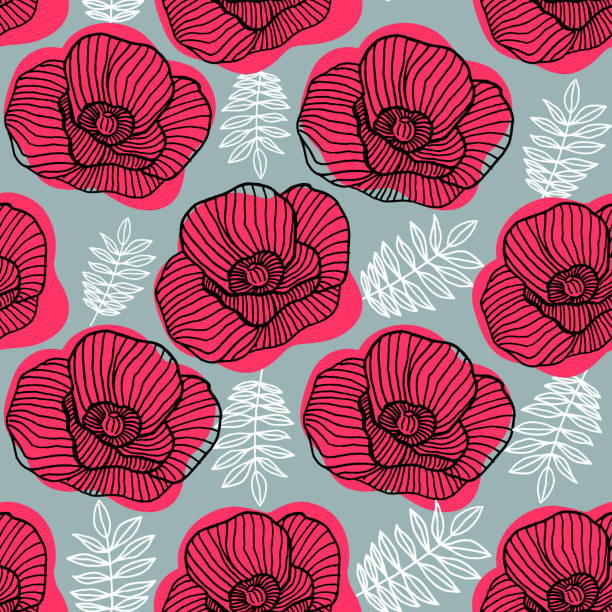 손 봄 밝은 원활한 꽃 패턴 회색 배경에 빨간 양 귀 비 꽃을 그려. - wallpaper old fashioned pattern red stock illustrations