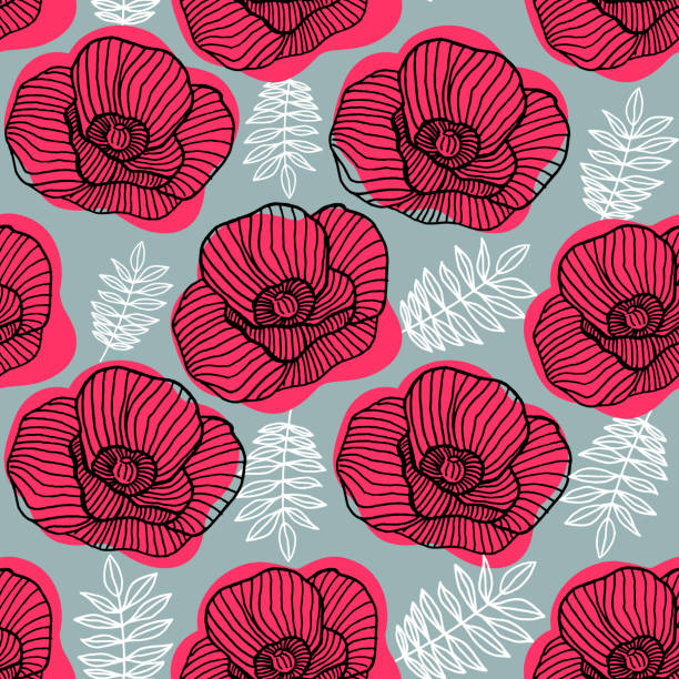 Spring bright seamless floral pattern with hand drawn red poppy flowers on gray background. Ditsy print. Vector illustration red poppy stock illustrations