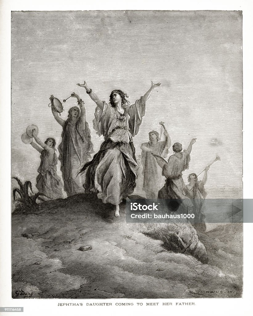Jephtha’s Daughter Coming to Meet Her Father Biblical Engraving Rare and beautifully executed Engraved illustration of Jephtha’s Daughter Coming to Meet Her Father Biblical Engraving from The Popular Pictorial Bible, Containing the Old and New Testaments, Published in 1862. Copyright has expired on this artwork. Digitally restored. Dancing stock illustration