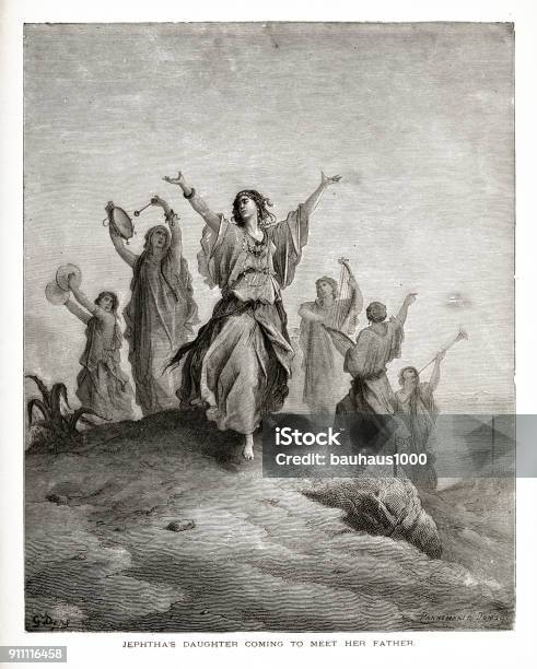 Jephthas Daughter Coming To Meet Her Father Biblical Engraving Stock Illustration - Download Image Now