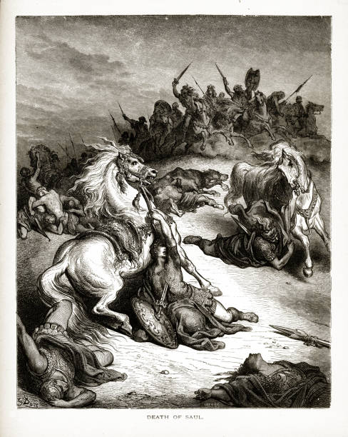 Death of King Saul Biblical Engraving Rare and beautifully executed Engraved illustration of Death of King Saul Biblical Engraving from The Popular Pictorial Bible, Containing the Old and New Testaments, Published in 1862. Copyright has expired on this artwork. Digitally restored. mourning illustrations stock illustrations