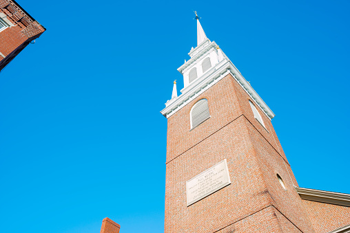 The Old North Church, the signal lanterns of Pall Revere, displayed in the steeple of this church, April 18, 1775. Located in Freedom Trail, Boston, Massachusetts, USA.