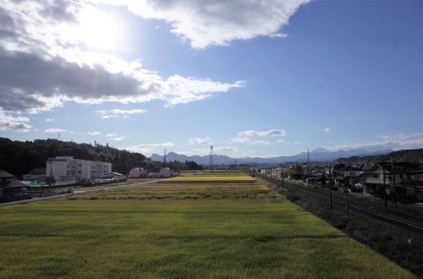 Country fields and railroads in Annaka Gunma, Japan stock photo