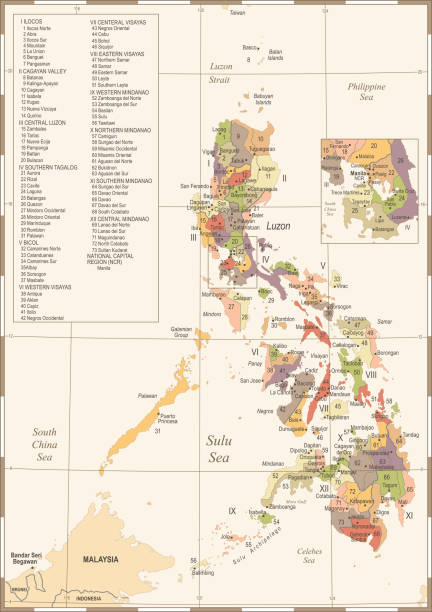 ilustrações, clipart, desenhos animados e ícones de mapa da filipinas - ilustração vetorial detalhada vintage - philippines map retro revival cartography