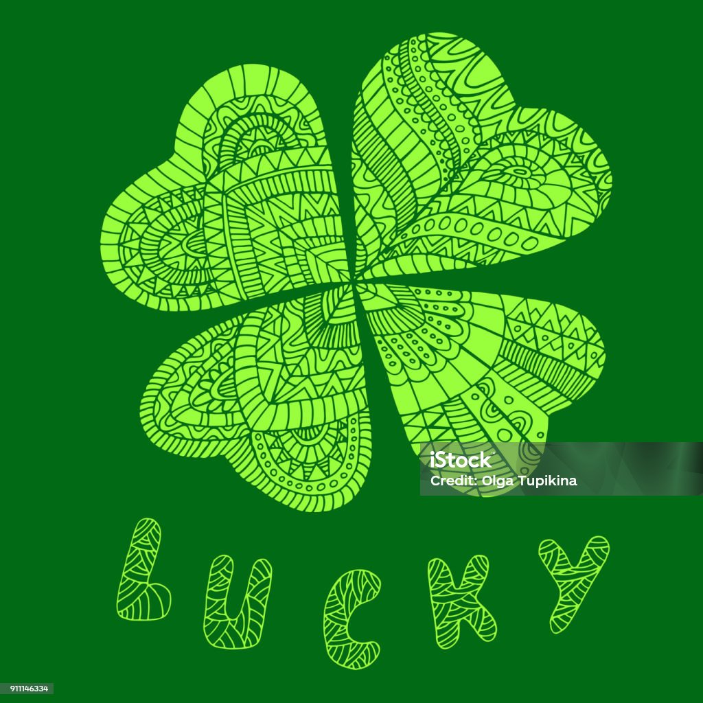 Color leaflet clover, on St. Patrick s Day. Color leaflet clover, on St. Patrick s Day for. Isolated pattern. Hand drawn vector sign luck. Ethnic bohemian background with the word lucky. Vintage decorative element. Indian doodle motifs. Clover stock vector