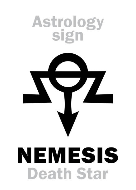 ilustrações, clipart, desenhos animados e ícones de alfabeto de astrologia: nemesis (morte estelar), hipotético super distante sinistra star-satélite de sol hieróglifos caractere sinal (símbolo). - distant sign
