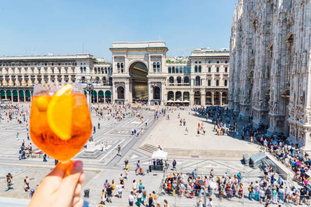 Spritz aperol drink in Milan, overlooking Piazza Duomo