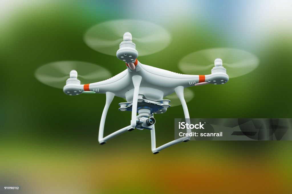 Quadcopter drone with 4K video camera flying in the air Creative abstract 3D render illustration of professional remote controlled wireless RC quadcopter drone with 4K video and photo camera for aerial photography flying in the air outdoors with selective focus effect Drone Stock Photo