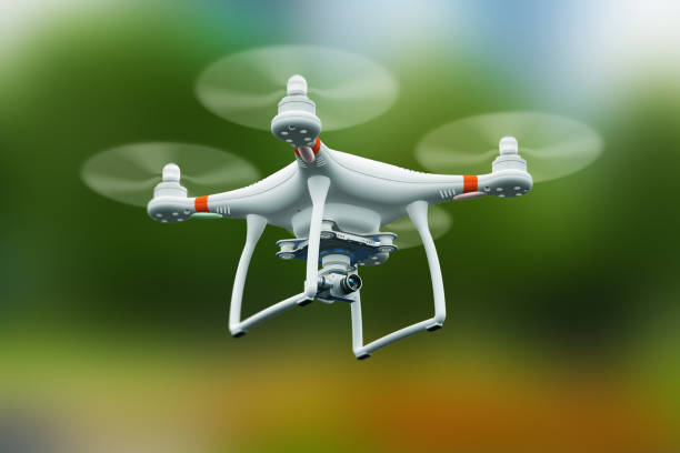 Quadcopter drone with 4K video camera flying in the air Creative abstract 3D render illustration of professional remote controlled wireless RC quadcopter drone with 4K video and photo camera for aerial photography flying in the air outdoors with selective focus effect unmanned aerial vehicle stock pictures, royalty-free photos & images