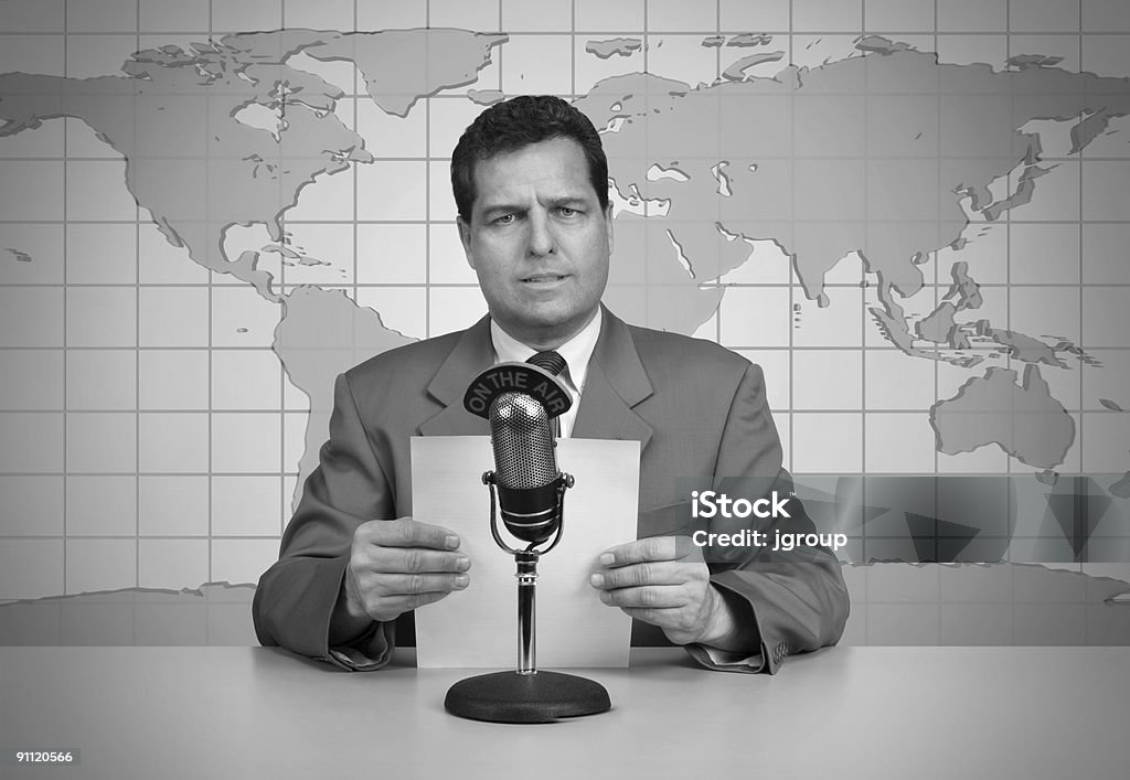 Black and white picture of a vintage newscast 1950's era TV news anchor reading the news Retro Style Stock Photo