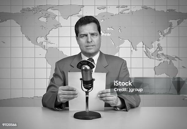 Black And White Picture Of A Vintage Newscast Stock Photo - Download Image Now - Retro Style, Newscaster, Old-fashioned