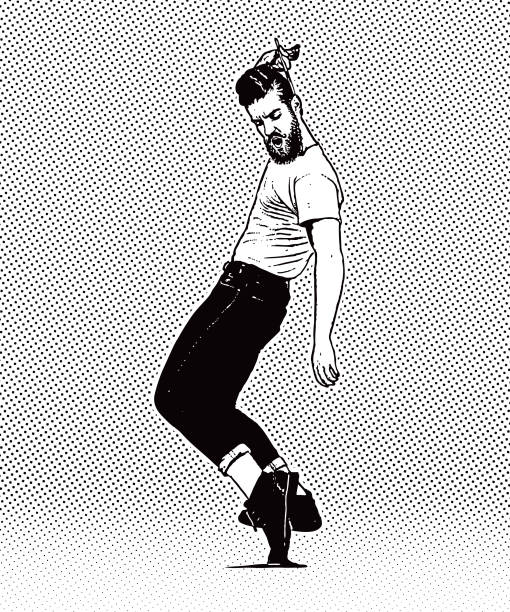 빈티지 1950의 젊은 hipster 남자 춤 및 머리카락을 빗질 - 춤 일러스트 stock illustrations