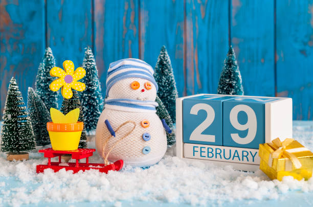 am 29. februar. würfel kalender für februar 29 auf holzoberfläche mit schneemann, schlitten, schnee, tanne und feder blume. schaltjahr, schalttag - 9 year old stock-fotos und bilder