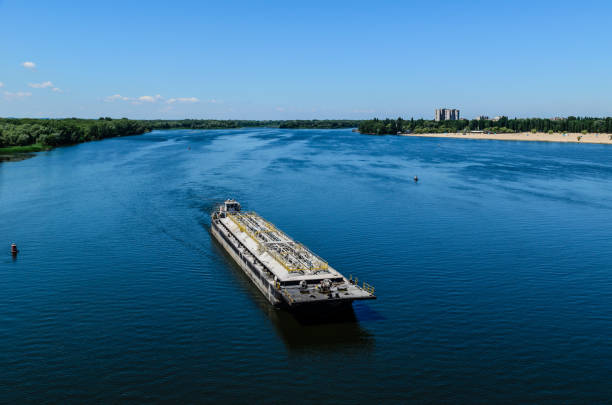 istock Oil product tanker barge on river Dnieper 911226092