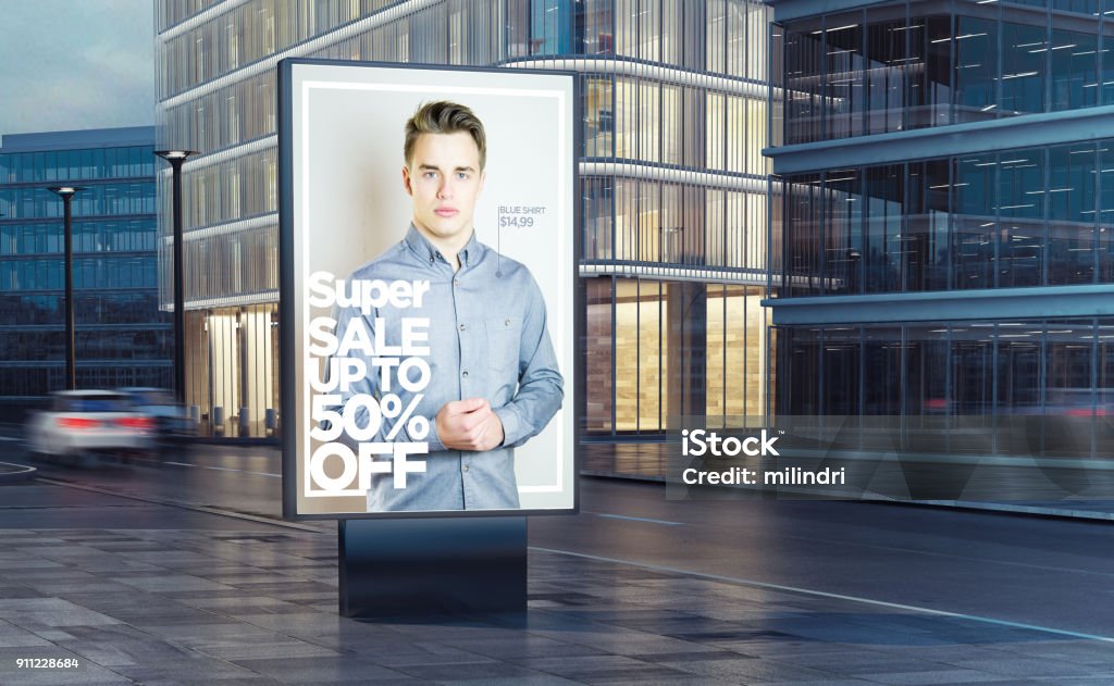 super fashion sale billboard on the street super fashion sale  billboard on the street 3d rendering Template Stock Photo