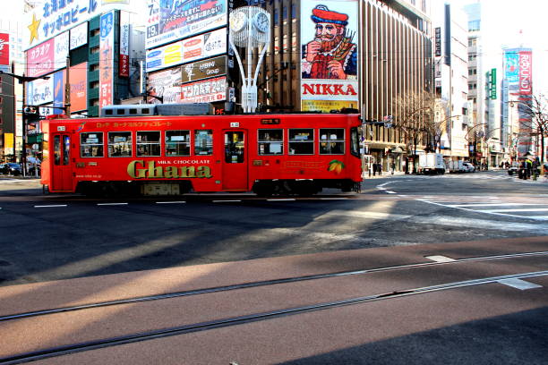 Scenery of the streetcar of Sapporo city stock photo