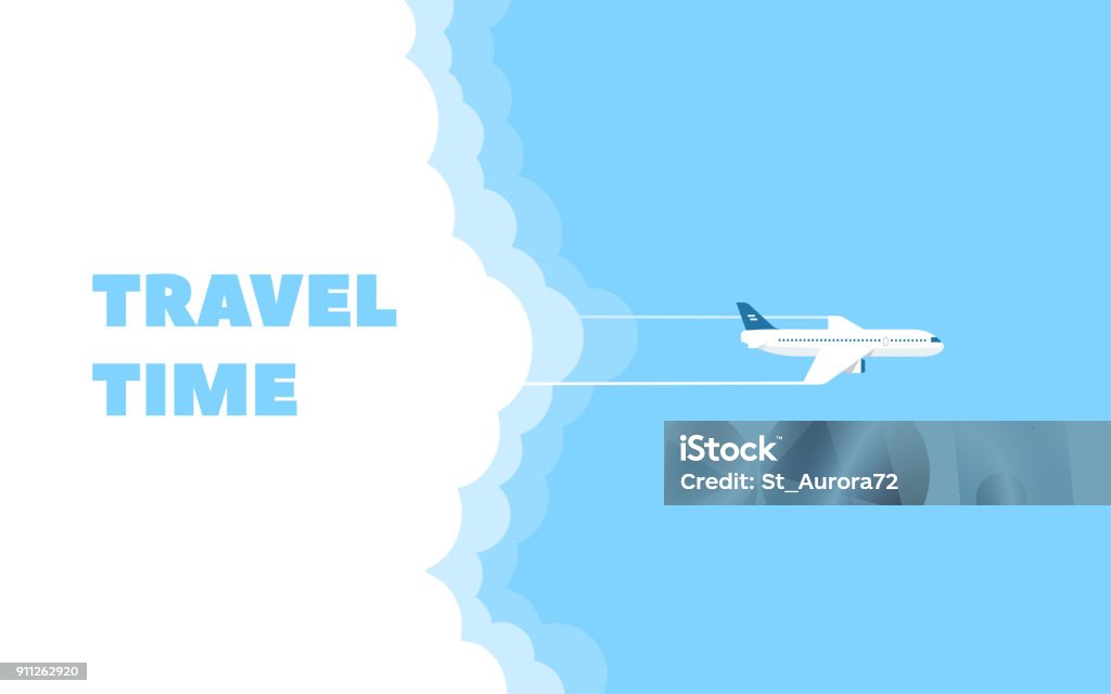 Cartoon Banner Of The Flying Plane And Cloud On Blue Sky Background Concept  Design Template Of Time To Travel Vector Illustration In Flat Style Stock  Illustration - Download Image Now - iStock