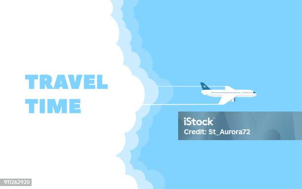 Cartoon Banner Of The Flying Plane And Cloud On Blue Sky Background Concept Design Template Of Time To Travel Vector Illustration In Flat Style Stock Illustration - Download Image Now