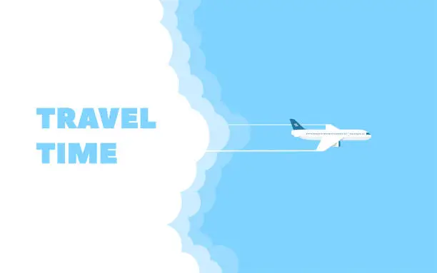 Vector illustration of Cartoon banner of the flying plane and cloud on blue sky background. Concept design template of time to travel. Vector illustration in flat style.