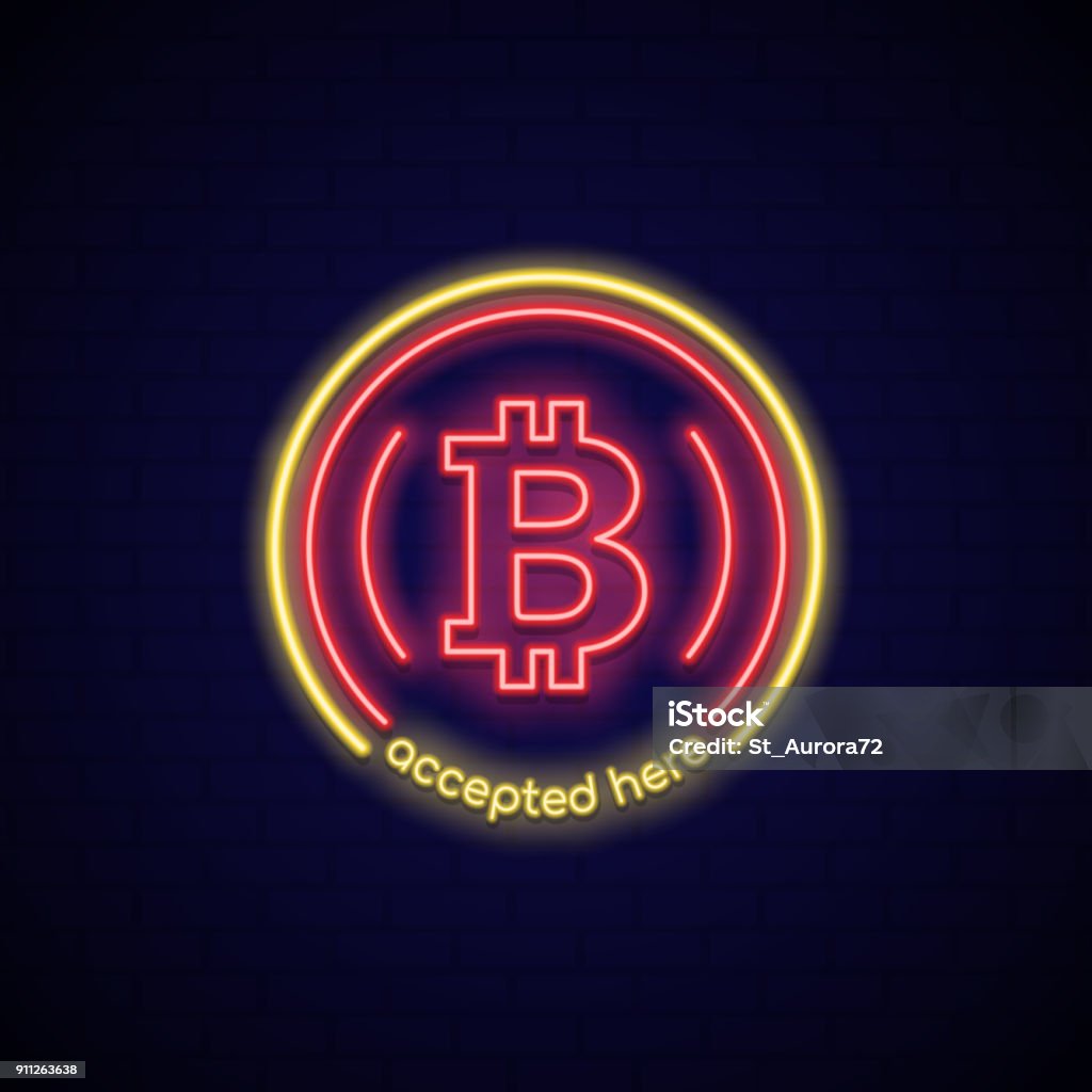 Neon sign here accept Bitcoin. Concept neon signboard bitcoin payment and exchange. Digital currency. Cryptocurrency symbol on dark background. Vector illustration. Bitcoin stock vector