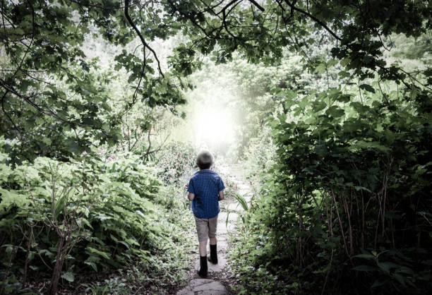 istock Little boy walking towards light through dark forest on path. Fantasy image 911271232