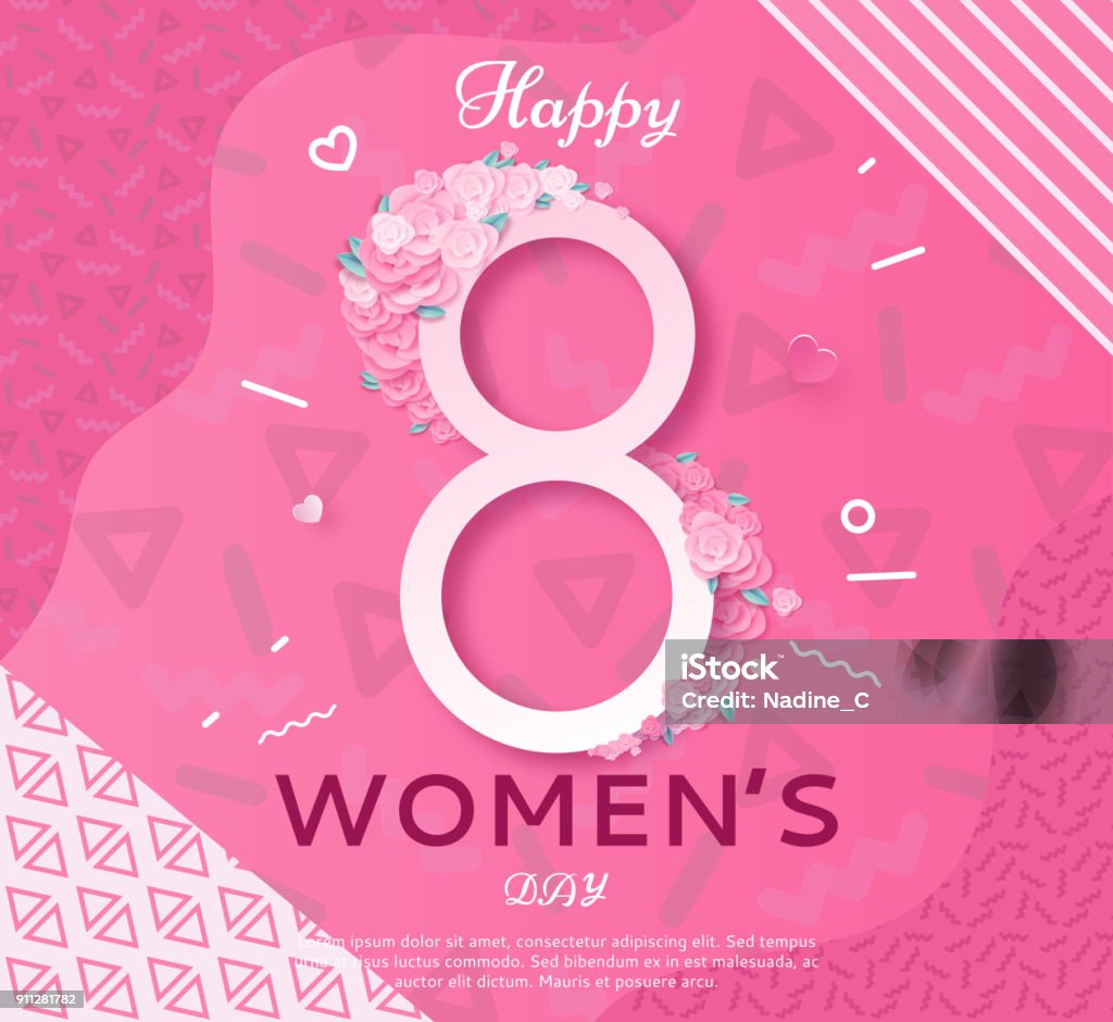 Trendy geometric women s day banner, 8 march poster in modern 90s-80s style with paper art, origami elements, patterns, flowers, woman silhouette, colorful vector illustration, background International Womens Day stock vector