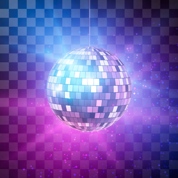 disco-kugel mit hellen strahlen auf transparenten hintergrund, nacht party retro-hintergrund. vektor-illustration - diskokugel stock-grafiken, -clipart, -cartoons und -symbole