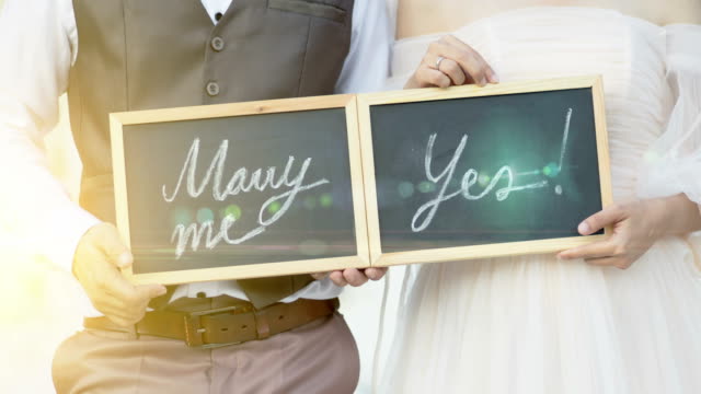 Weddings around the world. Wedding concept, will you marry me question and yes handwritten on blackboard.