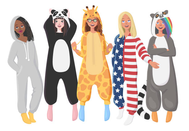 frauen plüsch einteilige schlafanzüge - onesie stock-grafiken, -clipart, -cartoons und -symbole