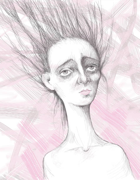 Strange poor little girl drawn in pencil Strange poor girl penciled on a light pink background desecrate stock illustrations