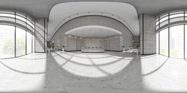 Spherical 360 panorama projection Interior of reception 3D illustration Spherical 360 panorama projection Interior of reception 3 D illustration wide angle photos stock pictures, royalty-free photos & images
