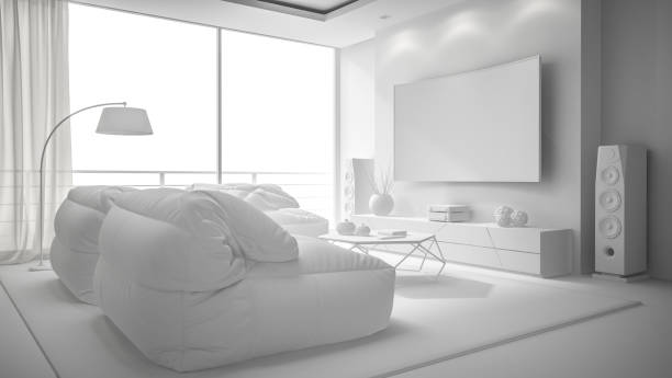 белый дизайн интерьера 3d рендеринга - apartment design domestic room television стоковые фото и изображения
