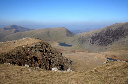 The view from Snowdon, North Wales under a clear blue sky