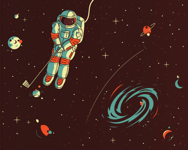 Playing golf wih the stars vector illustration It's a colored illustration of an astronaut playing golf into the space with planets astronaut backgrounds stock illustrations
