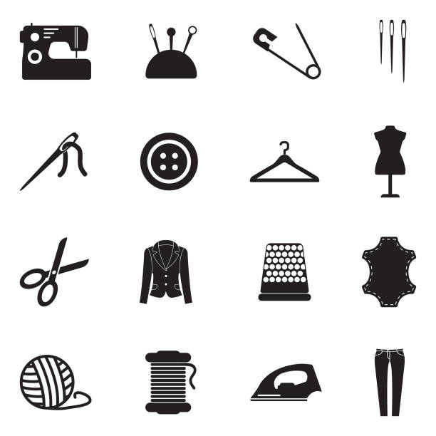 Sewing Icons. Black Flat Design. Vector Illustration. Clothing, Dress, Lace - Textile, Scissors machine sewing white sewing item stock illustrations