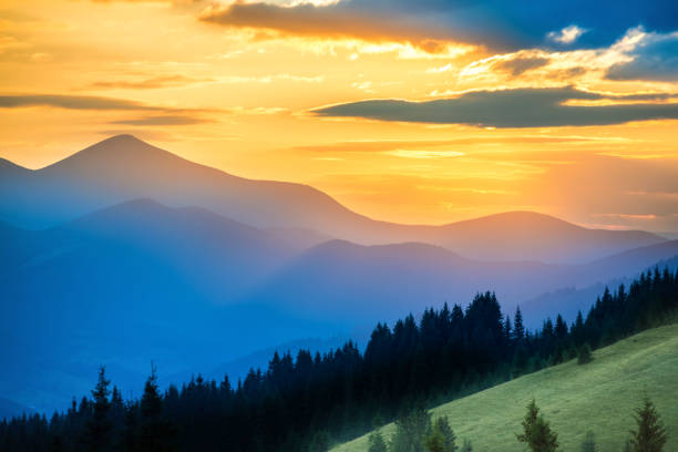 Beautiful sunset in the mountains stock photo
