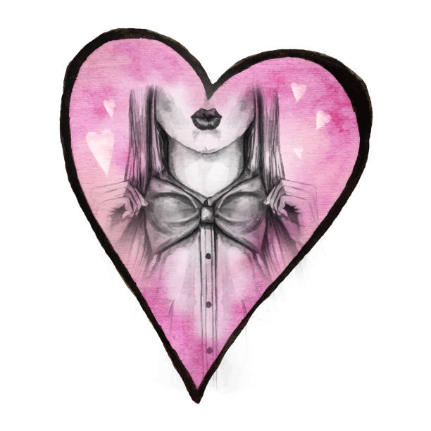 발렌타인의 날, 여자 키스, 붉은 입술, 수채화 그림 나비 그릇, 셔츠, 발렌타인, 흰색 배경에 인쇄 심장, 얼굴, 유행, 엽서에 대 한 보유 - love valentines day heart shape kissing stock illustrations