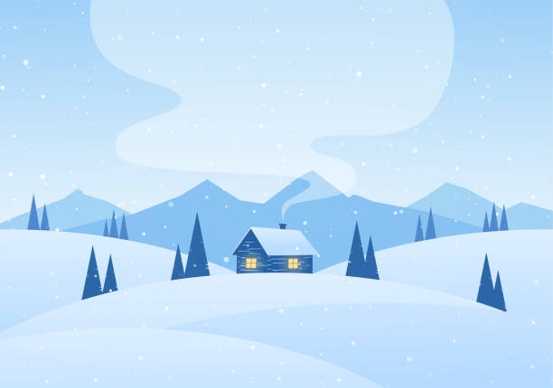 ベクトル イラスト: 冬山漫画家のある風景し、煙突から煙が。 - winter snow landscape house点のイラスト素材／クリップアート素材／マンガ素材／アイコン素材