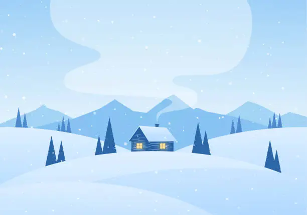 Vector illustration of Vector illustration: Winter cartoon mountains landscape with house and smoke from chimney.