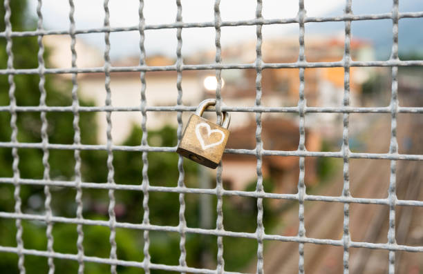 istock Padlock with heart symbol on the fence 911309330