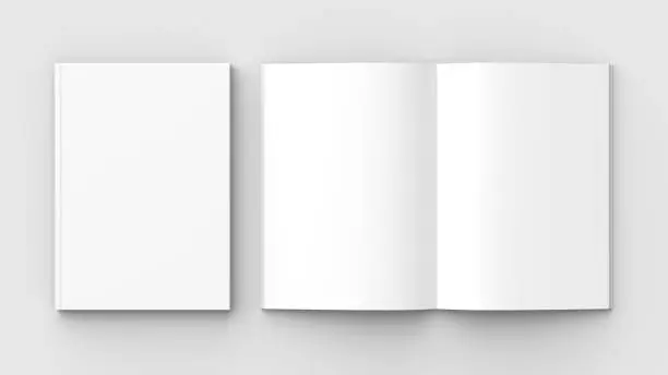 Photo of Brochure, magazine, book or catalog mock up isolated on soft gray background. 3D illustrating.